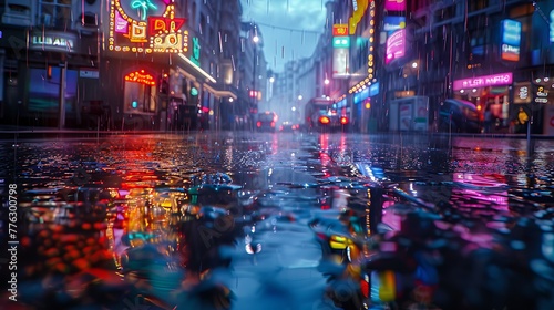 Rain-soaked streets reflecting neon lights