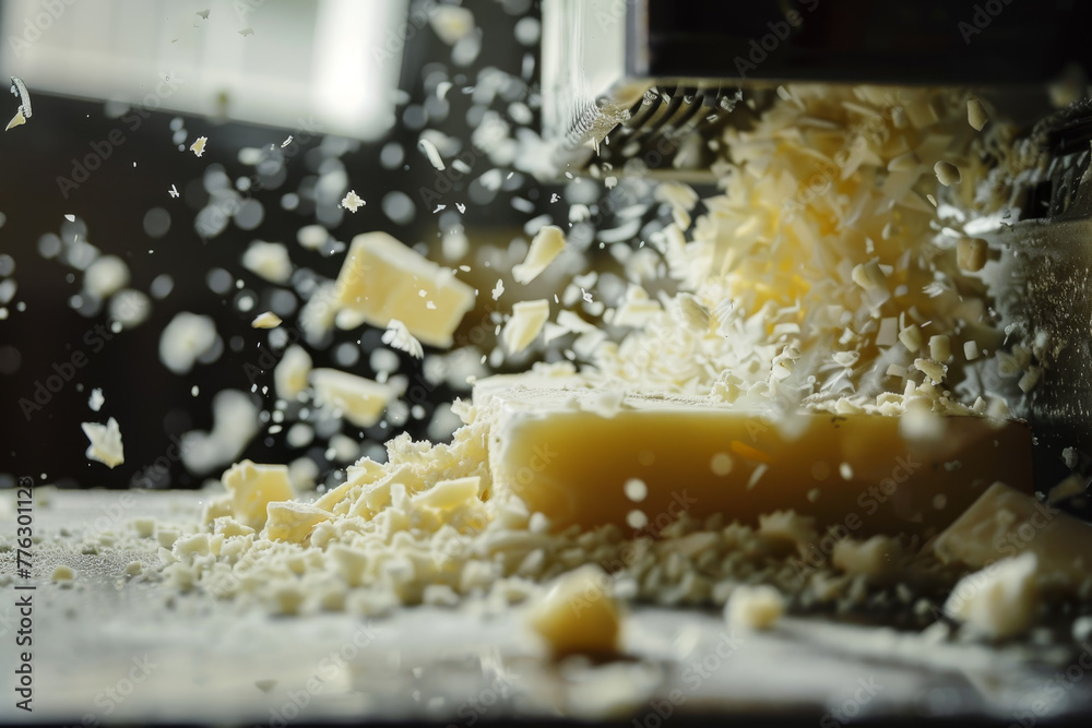 A close up of a large amount of white cheese being ground up A close up of a large amount of white cheese being ground up