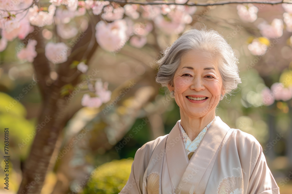 A woman in a kimono is smiling and posing for a picture