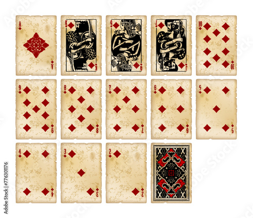 Playing cards of Diamonds suit in vintage engraving style on grunge old shabby yellowed paper background isolated on white. Original retro design. Vector illustration