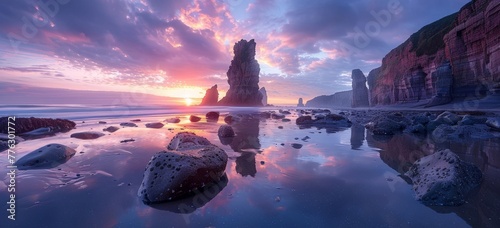 The sunset between the rocks on the beach © SHI