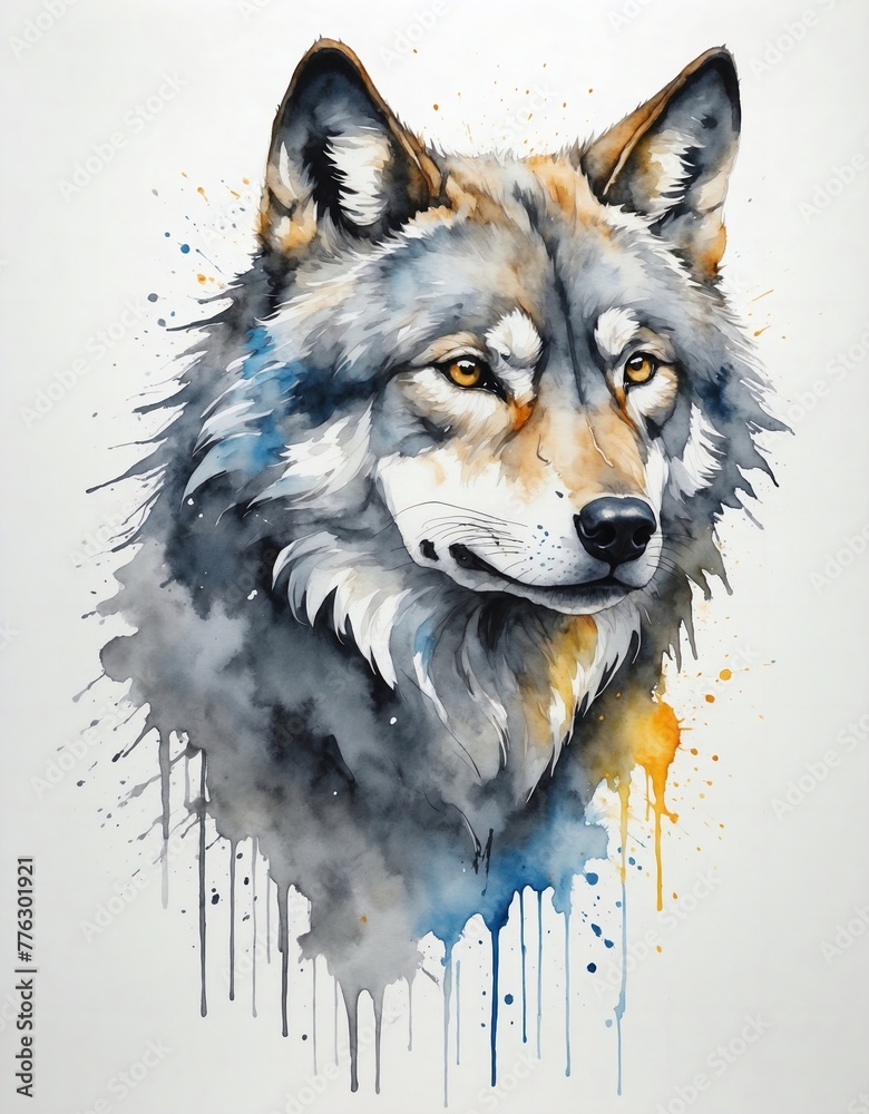 abstract watercolor painitng of wolf head