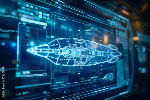 A futuristic holographic display featuring a blueprint of a spaceship