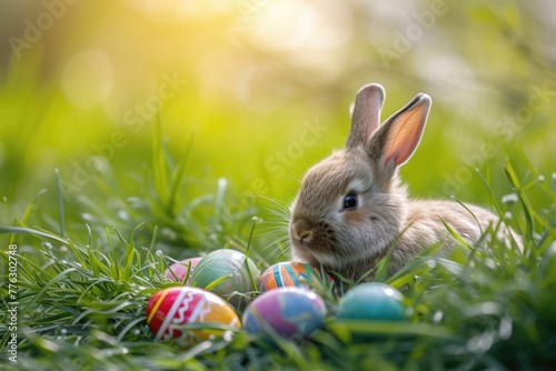A happy rabbit is sitting in the grass among Easter eggs in a natural landscape, surrounded by terrestrial plants and enjoying the grassland AIG42E © Summit Art Creations