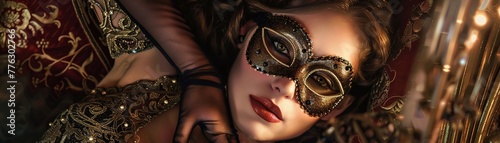 An elegant woman wearing a mask lies in a luxurious boudoir setting