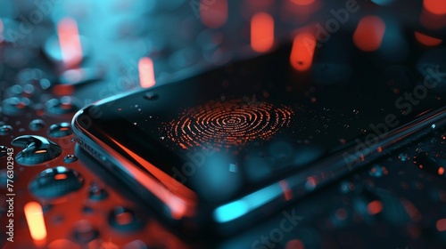 Close-up of a smartphone on a dark surface using fingerprint identification technology for secure access.