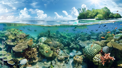 A colorful underwater scene of a coral reef teeming with tropical fish, a pristine marine ecosystem with clear blue water.