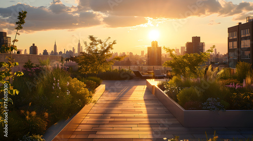 A stunning cityscape view from a rooftop garden at sunset, featuring lush vegetation and the city skyline against a sky of warm hues.