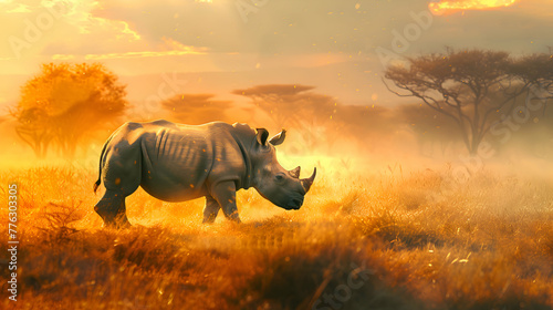 A magnificent rhino walking through a golden-hued landscape  bathed in the warm glow of the evening sun  offering ample space for captions