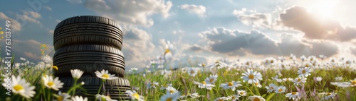 Stacked eco-friendly car tires in a blooming daisy field under a bright sky photo