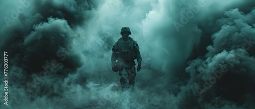 Soldier in smoke symbolizing wars harsh realities PTSD awareness concept. Concept War Photography, PTSD Awareness, Soldier in Smoke, Harsh Realities, Conceptual Photoshoot photo