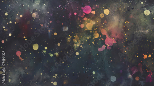 Abstract dark grey background with white, pink and gold dots as decoration, color splash painting photo