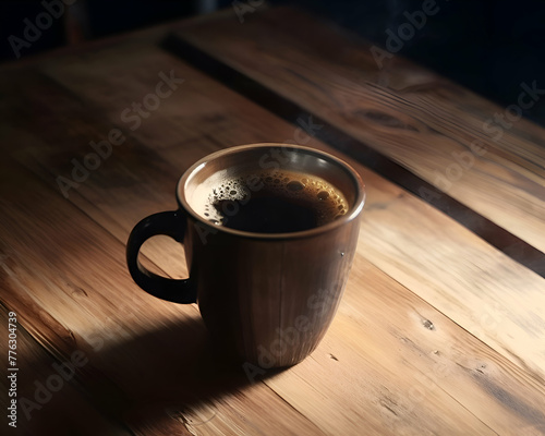 Coffee cup on wooden table in morning light. Coffee break concept