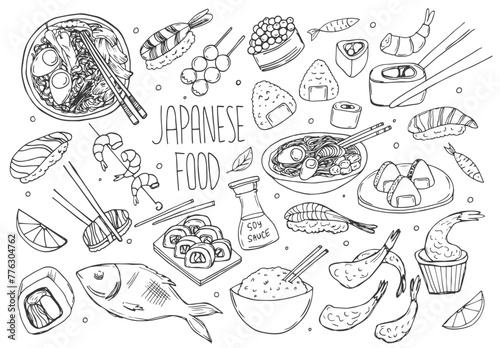 Japanese food doodles set, hand drawn rough simple Japanese cuisine food sketches. Asian food in line
