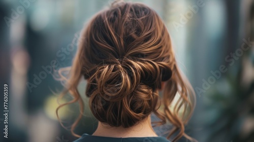 woman seen from behind with light brown, wavy hair generative ai