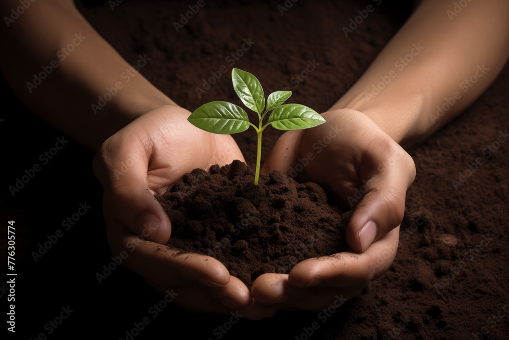 Une jeune plante verte et son terreau placés entre deux mains en signe de protection et de durabilité sur un fond sombre Une jeune plante verte et son terreau placés entre deux mains en signe de protection et de durabilité sur un fond sombre