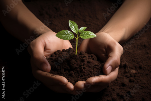 Une jeune plante verte et son terreau placés entre deux mains en signe de protection et de durabilité sur un fond sombre photo