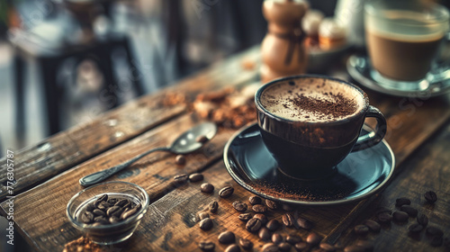 cup of coffee with beans on a wooden table photo
