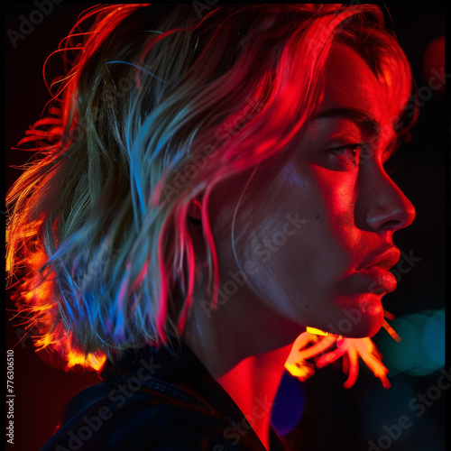 Blond Woman Expressing Anger, Side Profile with Neon Lighting and Blur 