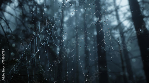 Raindrops clinging to spiderwebs in a misty forest photo