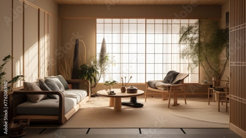 A Japandi style living room  interior close to nature  embraces natural elements to create a serene and harmonious space.
