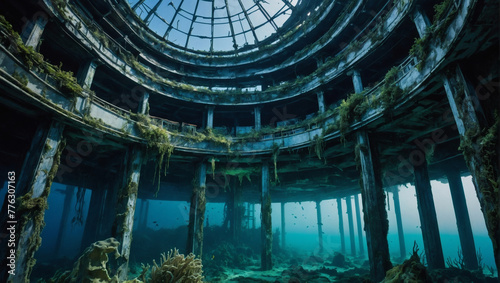 In the depths of the ocean  a retrograde retro-futuristic underwater city emerges  its once-gleaming structures now corroded and overgrown with bioluminescent algae.