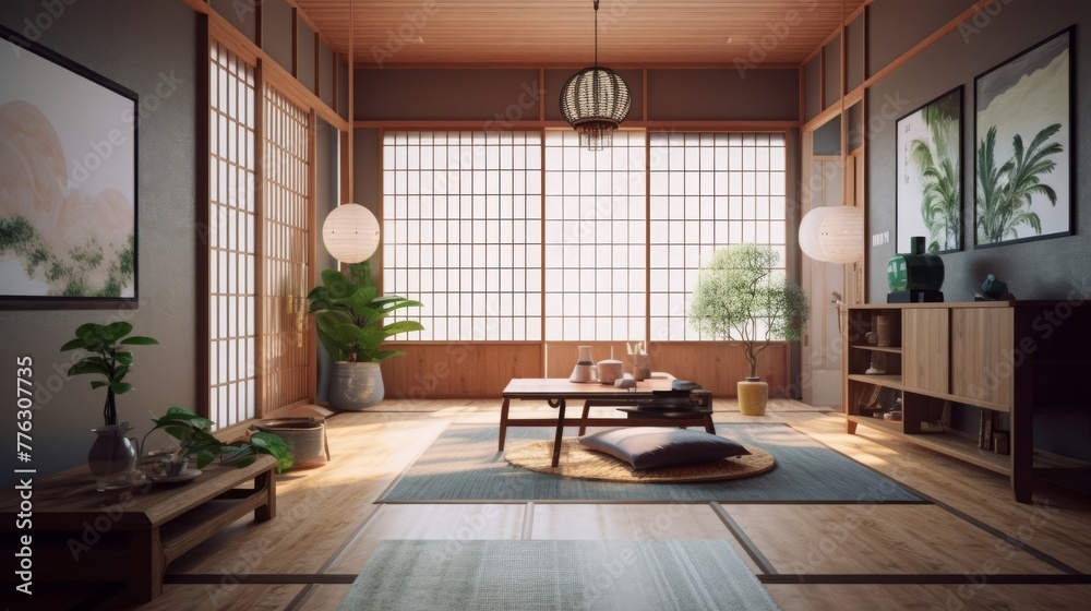 A Japandi style living room, interior close to nature, embraces natural elements to create a serene and harmonious space. A Japandi style living room, interior close to nature, embraces natural elements to create a serene and harmonious space.