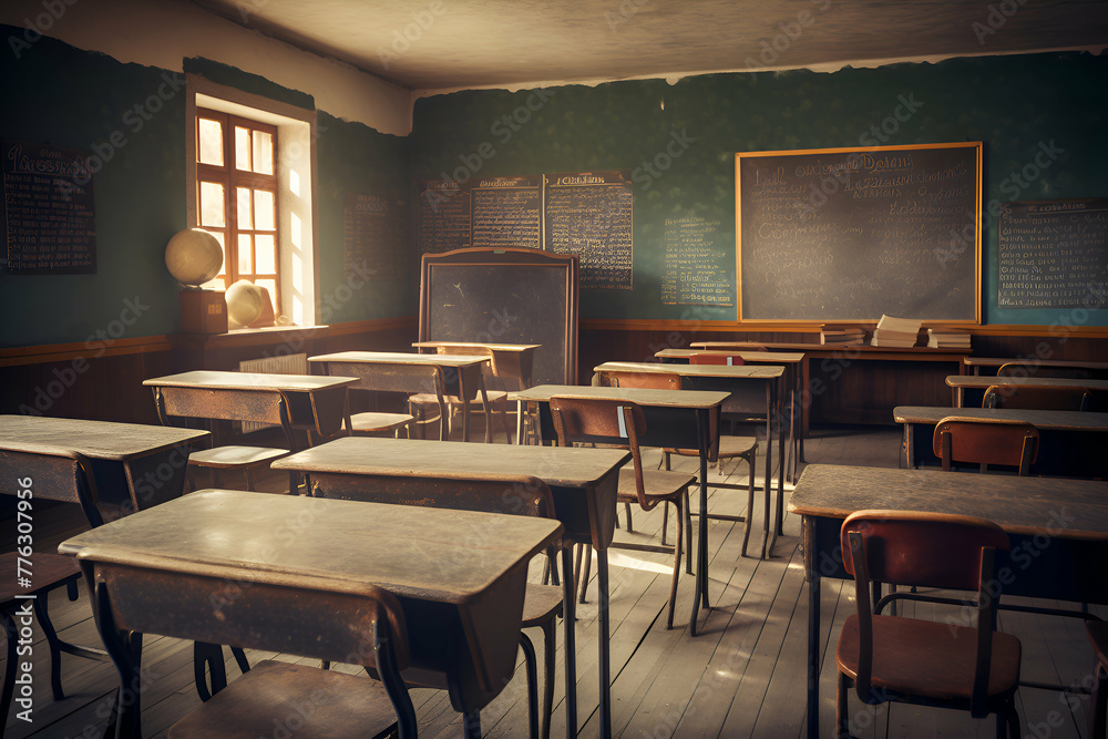 Interior of an old school classroom with tables and chairs in vintage style Interior of an old school classroom with tables and chairs in vintage style
