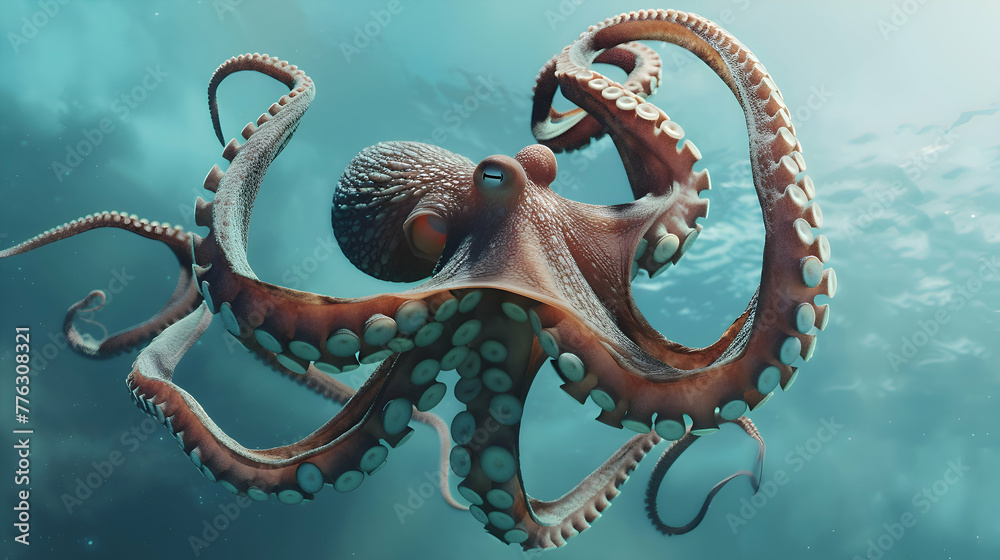 A majestic octopus gliding effortlessly through a vast expanse of ocean, its form outlined against a softly diffused backdrop of azure waters A majestic octopus gliding effortlessly through a vast expanse of ocean, its form outlined against a softly diffused backdrop of azure waters