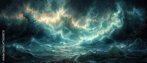 Stormy, dark, apocalyptic background of giant tsunami waves