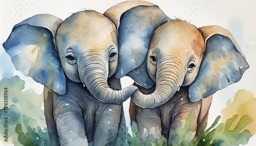 Watercolor illustration two baby elephants trunk hugging 