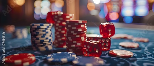 Casino Table Set with Stacks of Poker Chips and Red Dice. Concept Casino Decoration, Poker Night, Game Room Vibes, Gambler's Paradise, High Stakes Gaming
