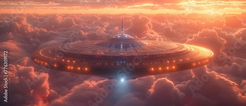 This is an amazing fantastic background - a spaceship flying above clouds, a ufo with blue spotlights in a red sky glowing with red light.