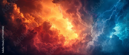 Background of a weather forecast concept. Bright blue sky and sunny weather; dark stormy sky with lightning; sunset and night time.