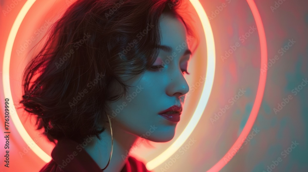 young and beautiful woman, in front of a ring light, makeup concept generative ai