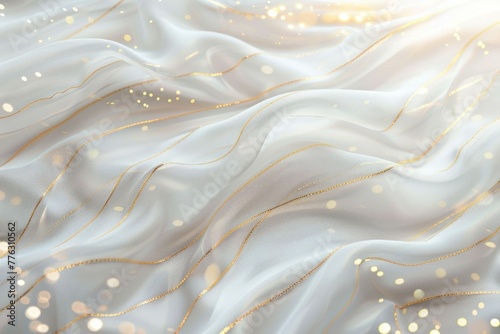 Luxury white silk fabric with golden lights. Abstract white background with golden shiny bokeh. 3d rendering