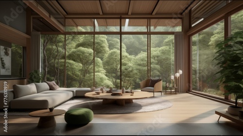 A Japandi style living room, interior close to nature, embraces natural elements to create a serene and harmonious space.