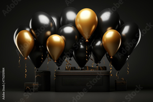 Black and Yellow Balloons and gift boxes on dark background black friday concept surprise Generative AI