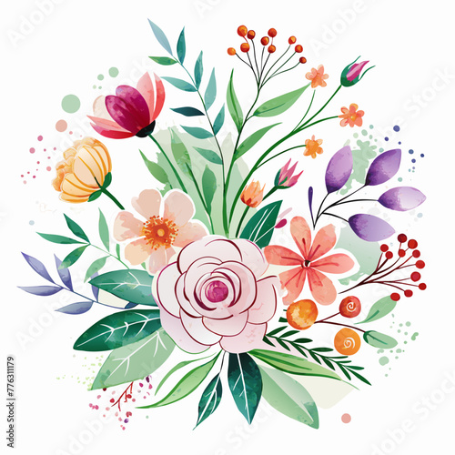 Watercolor painting of a bouquet of flowers line art drawing