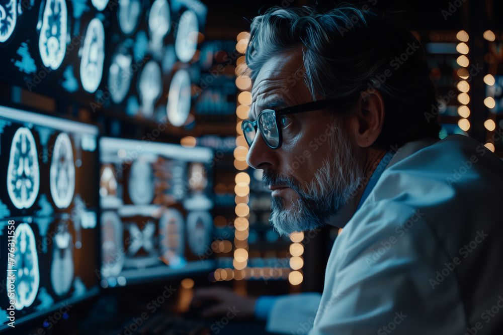 Middle-aged doctor checking brain x-ray results on a monitor at hospital.