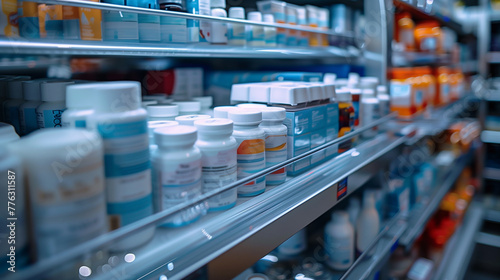 Close-up of a pharmacy shelf full of medicines