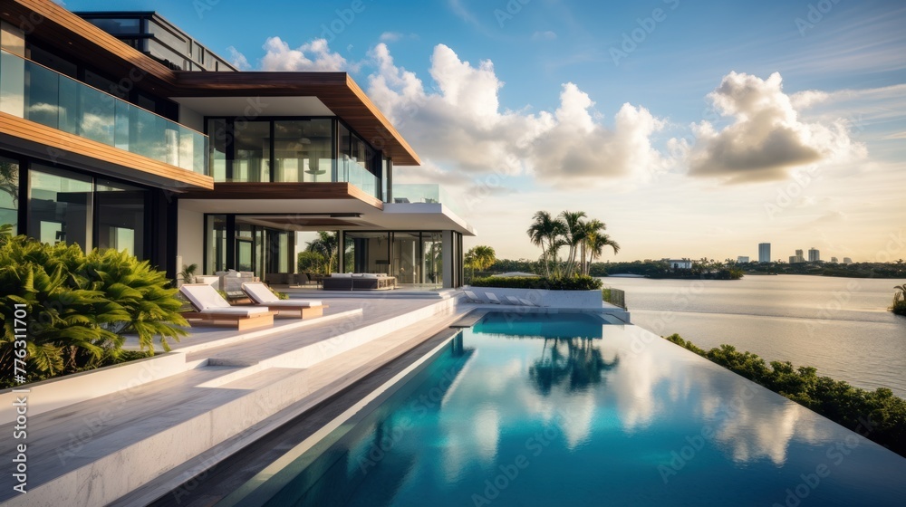 Modern villa with a private rooftop infinity pool overlooking the Miami skyline in Florida Modern villa with a private rooftop infinity pool overlooking the Miami skyline in Florida