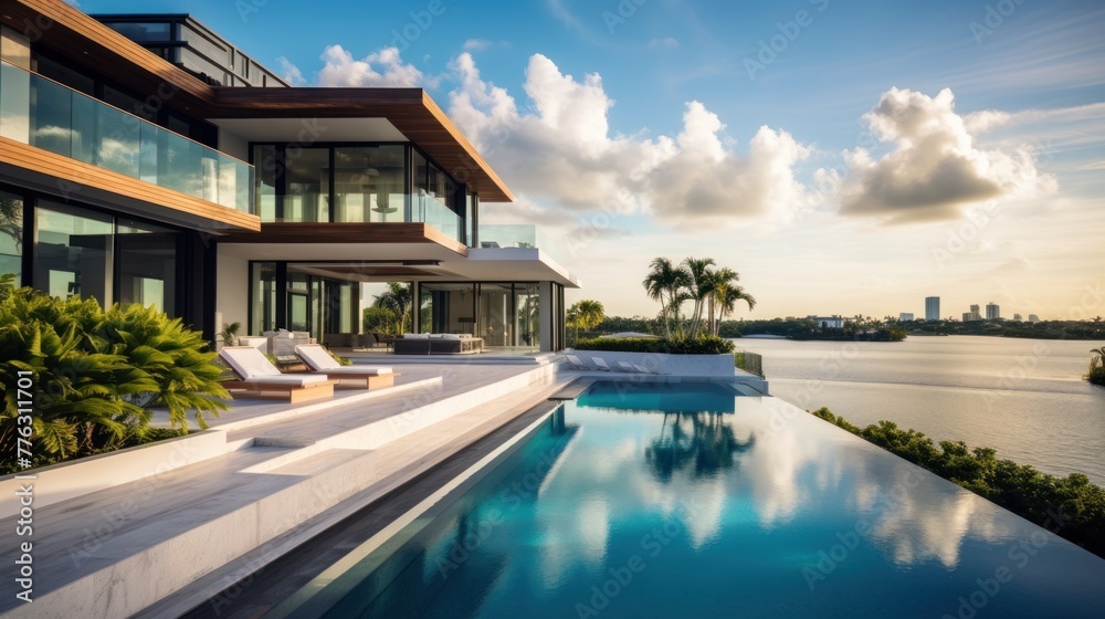 Modern villa with a private rooftop infinity pool overlooking the Miami skyline in Florida