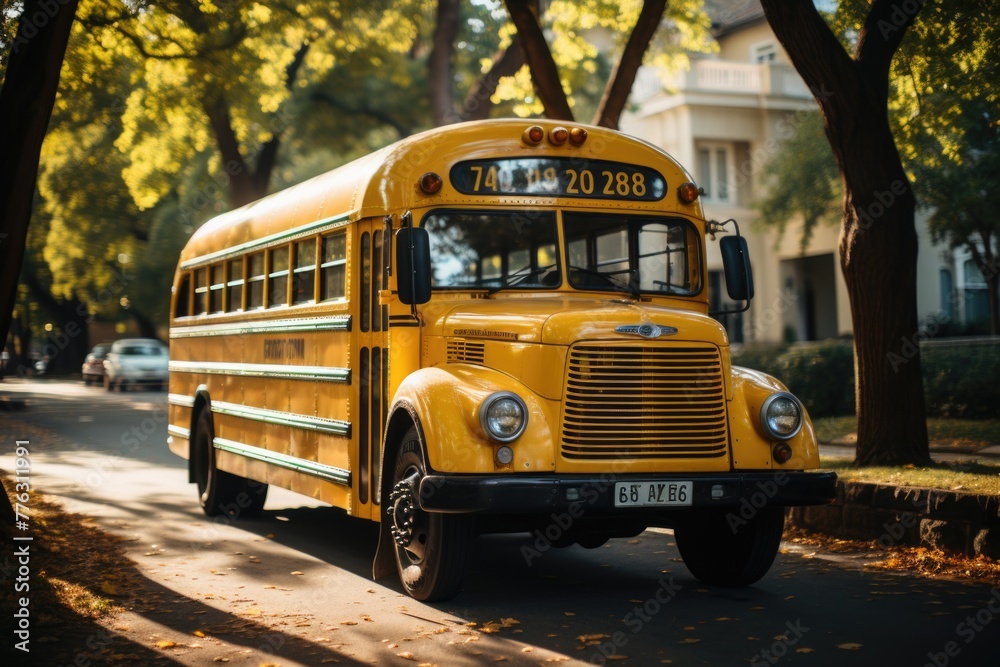 Yellow School bus on road Generative AI