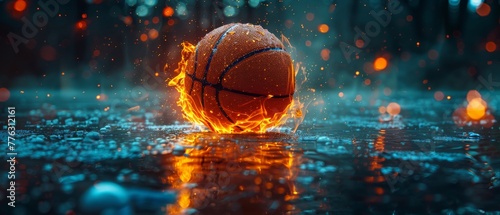 Burning basketball with reflections, orange and blue glowing lights in an abstract sports background