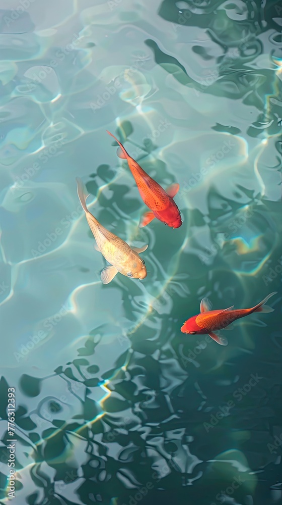 Three goldfish swimming in the water, red fish Three goldfish swimming in the water, red fish