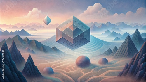 A surreal landscape filled with geometric fog evoking a sense of disorientation and uncertainty.