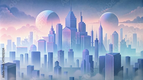 A futuristic cityscape engulfed by a thick geometric fog blurring the lines between reality and illusion.