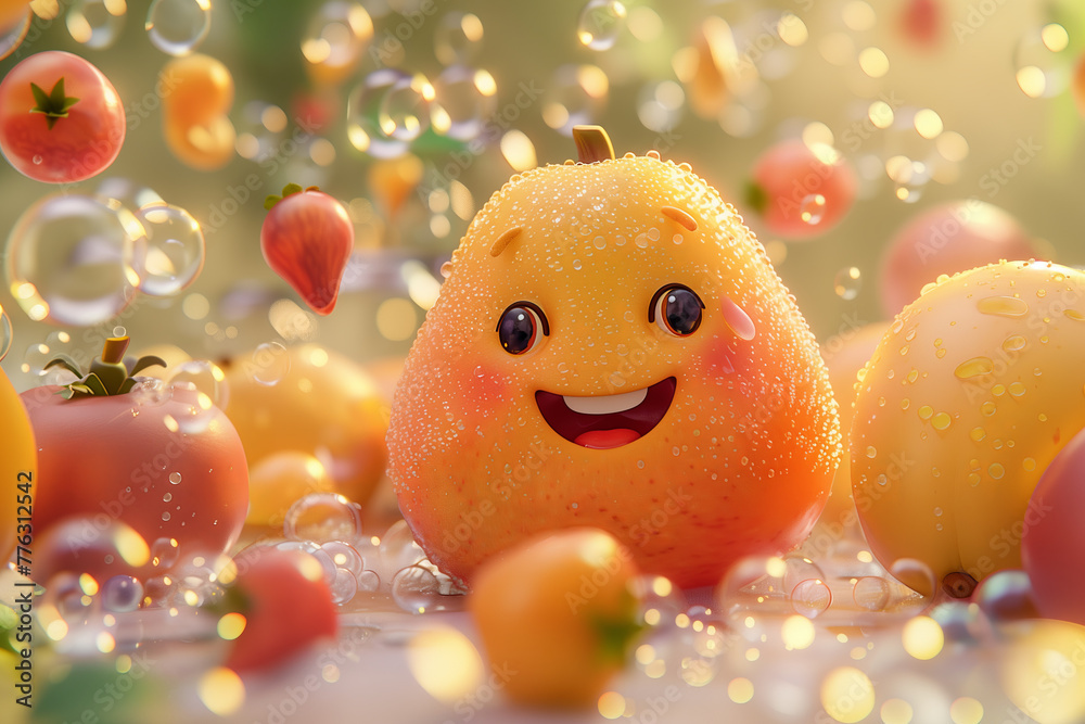 Selective focus of 3D cartoon style, cute and happy fruit characters. Selective focus of 3D cartoon style, cute and happy fruit characters.