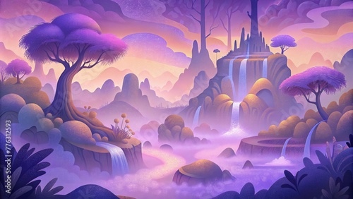 An otherworldly oasis where trees turn to mist and the foliage dances in hues of violet and gold. photo